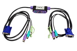 Mini KVM přepínač (Klávesnice, VGA, Myš, Audio) 2:1 PS/2, integrované kabely (CS62A)