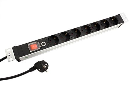 19" napájecí panel 1U, 7x zásuvka DE, přepěťová ochrana, vypínač, černý, 3m