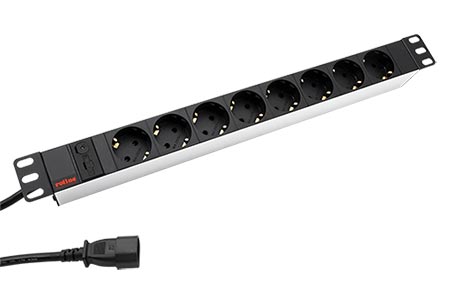 19" napájecí panel 1U, 8x zásuvka DE, vidlice IEC320 C14, bílý / černý, 2,0 m