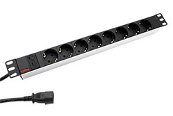 19" napájecí panel 1U, 8x zásuvka DE, vidlice IEC320 C14, bílý / černý, 2,0 m