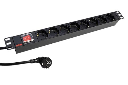 19" napájecí panel 1U, 8x zásuvka DE, vypínač, 1,8m