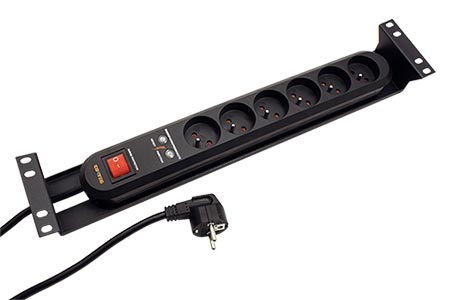 19" napájecí panel 2U, 6x 230V, CZ, přepěťová ochrana, vypínač, 3m, černý