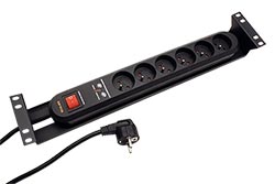 19" napájecí panel 2U, 6x 230V, CZ, přepěťová ochrana, vypínač, 3m, černý