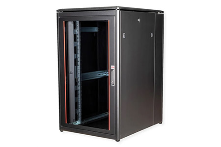 19" síťový rozvaděč 26U, stojanový, Pro, š. 800, h. 1000, skleněné dveře, černý