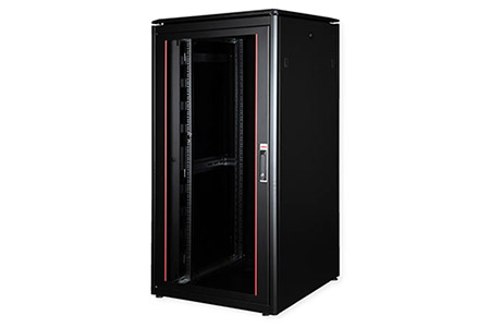 19" síťový rozvaděč 32U, stojanový, Pro, š. 800, h. 800, skleněné dveře, černý