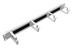 19" vyvazovací panel 1U, jednostranný, průchozí s kartáčem, 4x třmen "G" 44x60, šedý