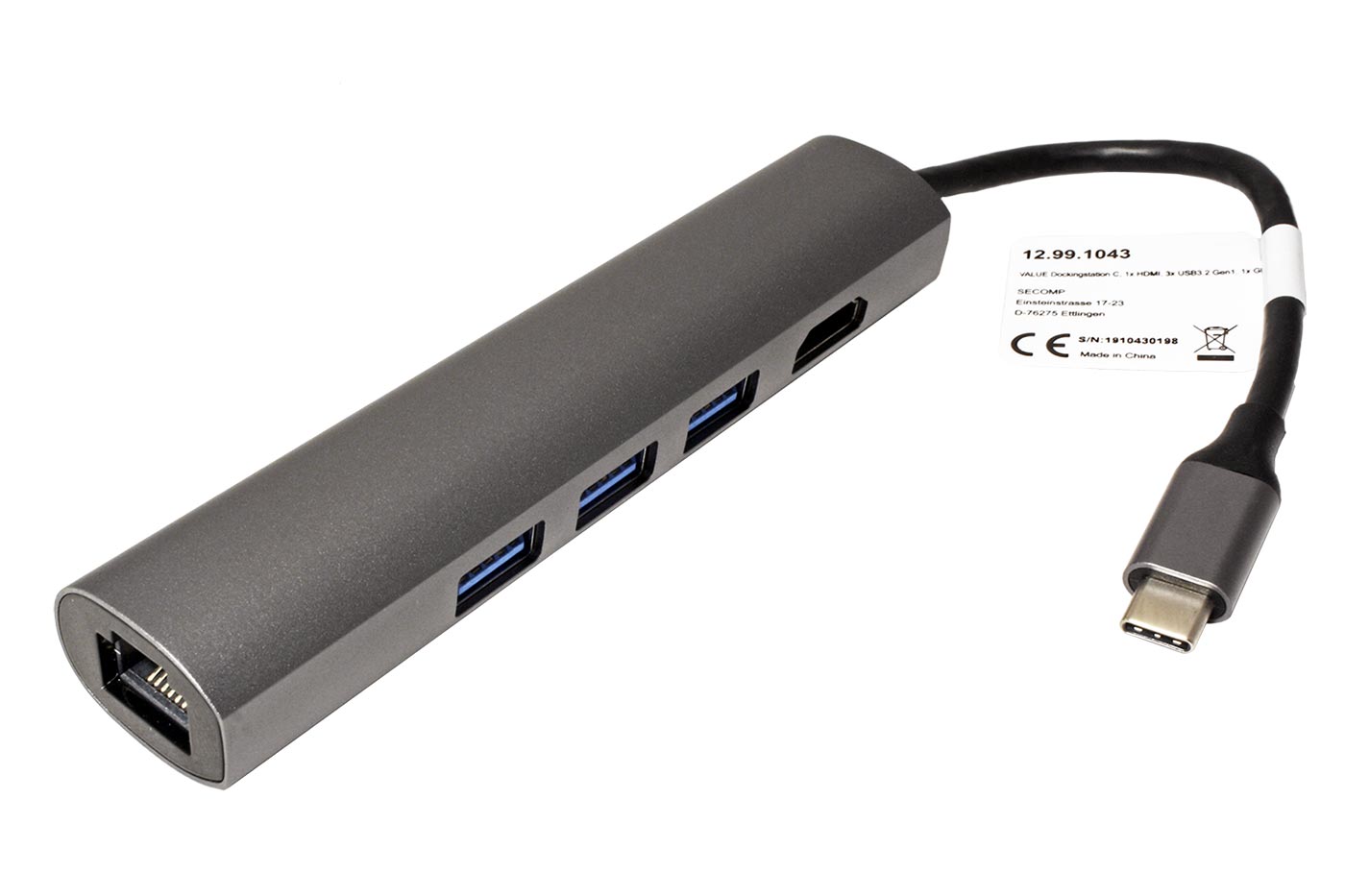 Multiport adaptér USB C(M) > HDMI A(F), 3x USB3.0 A(F), 1Gb LAN