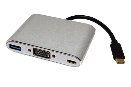 Adaptér USB C(M) -> VGA(F), USB3.0 A(F), USB C(F) PD, 1920x1200@60Hz, Alu