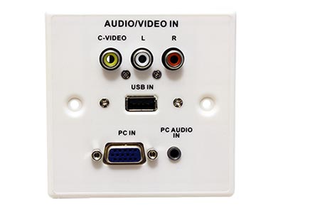 Čelo zásuvky VGA + jack3,5mm + 3x cinch + USB, šroubovací svorkovnice, plast, bílé