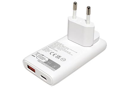 Cestovní napájecí adaptér síťový US/EU, USB A + USB C, 65W