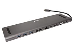 Docking station USB C(M) -> HDMI 4K, miniDP 4K, VGA, audio, 3x USB3.0 A(F), Gigabit, SD/microSD, USB C(F) PD