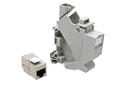 Držák pro 1x keystone na DIN lištu s keystone konektorem RJ45 kat. 6a, plast, šedý