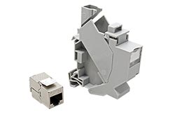 Držák pro 1x keystone na DIN lištu s keystone konektorem RJ45 kat. 6a, plast, šedý