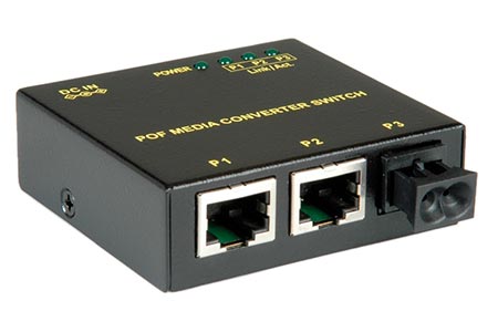 Ethernet přepínač s konvertorem pro optické kabely POF, 2xTP, 1x POF
