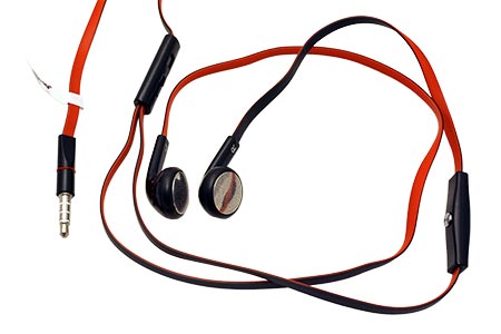Headset pro mobilní telefony (iPhone), stereo, mikrofon, 1x tlačítko, plochý kabel, červeno-černé