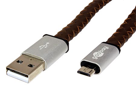 HQ USB 2.0 kabel, USB A(M) - microUSB B(M), opletený kůží, 0,2m