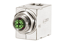 Spojka, do panelu, konektor M12 8pin (F), kód X - RJ45(F), do panelu, stíněná, 90°