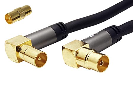 Kabel anténní TV, 135dB, 4x stíněný, IEC169-2, M-F (lomené, zlacené), 10m, + redukce M-M, černý