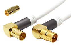 Kabel anténní TV, 135dB, 4x stíněný, IEC169-2, M-F (lomené, zlacené), 1m, + redukce M-M, bílý