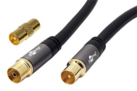 Kabel anténní TV, 135dB, 4x stíněný, zlacený, IEC169-2, M-F, 10m, + redukce M-M, černý