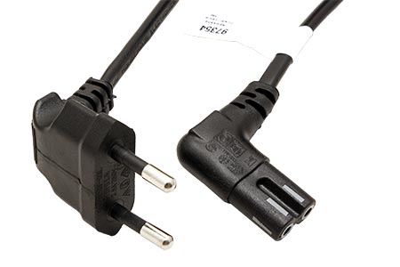 Kabel síťový 2pinový, CEE 7/16(M) - IEC320 C7, lomené oba konektory, 0,75m, černý