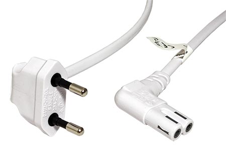 Kabel síťový 2pinový, CEE 7/16(M) - IEC320 C7, lomené oba konektory, 3m, bílý