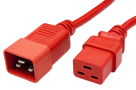 Kabel síťový prodlužovací 16A, IEC320 C20 - C19, 1m, červený
