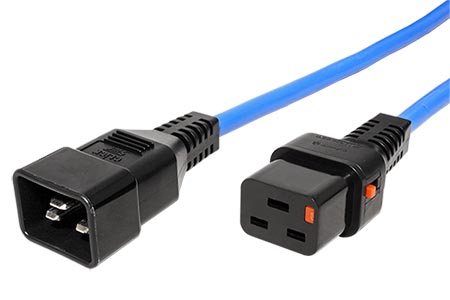 Kabel síťový prodlužovací 16A, IEC320 C20 - C19, IEC lock, 1,5m, modrý
