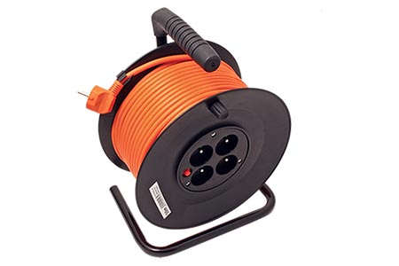 Kabel síťový prodlužovací 230V, CEE 7/7(M - 4x F), na bubnu se zásuvkami, 50m, oranžový