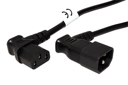 Kabel síťový prodlužovací, IEC320 C14 90°- C13 90°, 0,4m, černý