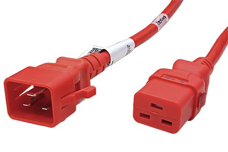 Kabel síťový prodlužovací IEC320 C20 - IEC320 C19, se západkami TwyLock, 1m, červený (BRN0922)