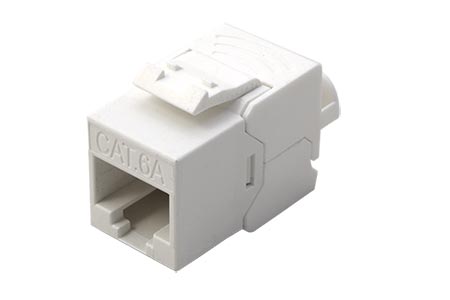 Keystone konektor RJ45 kat. 6a nestíněný, 180°,úzký, krátký, bílý, montáž bez nástrojů