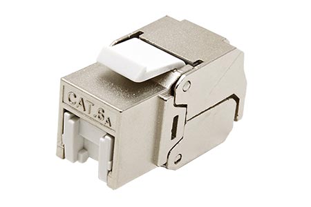 Keystone konektor RJ45 kat. 6a stíněný, 180°, s krytkou, montáž bez nástrojů