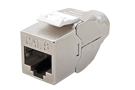 Keystone konektor RJ45 kat. 8.1, stíněný, 180°, úzký, montáž bez nástrojů
