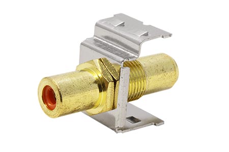 Keystone spojka cinch(F) - cinch(F), kovová, zlacená, červené konektory