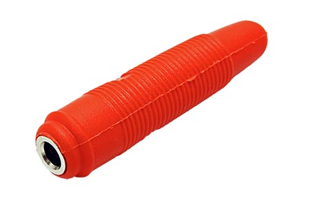 Konektor "banánek" 4mm, samice na kabel, izolace PVC, červený