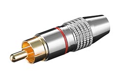 Konektor cinch(M) na kabel, červený pruh, zlacený