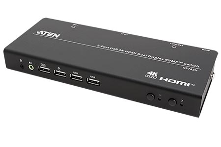 KVM přepínač (USB Klávesnice a Myš, 2x HDMI 4K@60Hz) 2:1, 2x HDMI, USB hub, audio extraktor (CS742H)