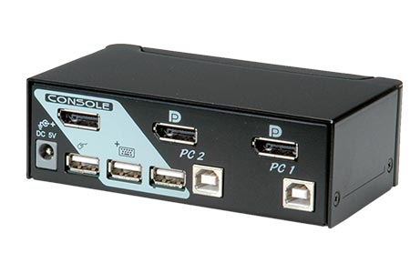 KVM přepínač (USB klávesnice, DP, USB myš) 2:1 USB + USB hub
