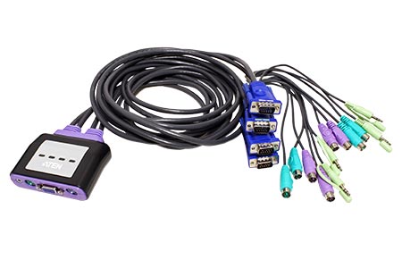 Mini KVM přepínač (PS/2 Klávesnice a Myš, VGA, Audio) 4:1 PS/2, integrované kabely (CS64A)