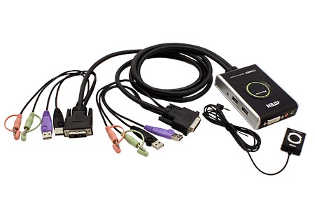 Mini KVM přepínač (USB Klávesnice a Myš, DVI-D, Audio) 2:1 USB, integrované kabely (CS682)