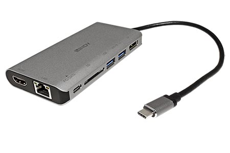 Multiport adaptér USB C (M) -> HDMI A(F) / DP(F) (4K@30Hz) , 2x USB3.0 A + USB C, SD, 1Gb LAN, audio, PD 100W
