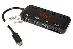 Multiport adaptér USB SuperSpeed 5Gbps, USB C(M) -> čtečka karet + Hub 3x USB3.0 A(F), černý