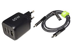 Napájecí adaptér síťový (230V) - 1x USB A QC, 2x USB C PD, GaN, 65W + kabel