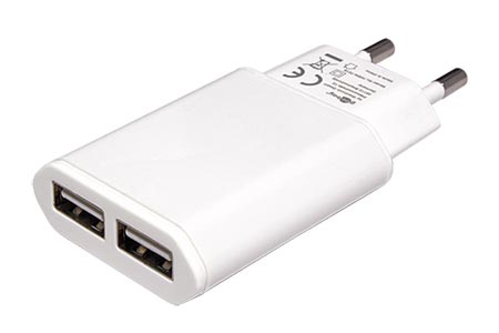 Napájecí adaptér síťový (230V) - 2x USB, 2,4A, plochý, bílý