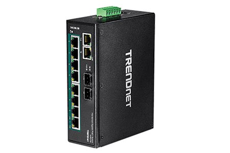 Průmyslový ethernet přepínač 1Gb, 10 portů (2x sdílený SFP), 8x PoE+, na DIN lištu (TI-PG102)