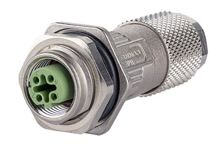 Průmyslový konektor M12 4pin (F) s přírubou, kód D, kat.5e, 6 - 9,7mm, IP67