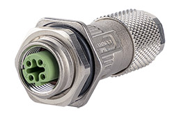 Průmyslový konektor M12 4pin (F) s přírubou, kód D, kat.5e, IP67, 4-6mm