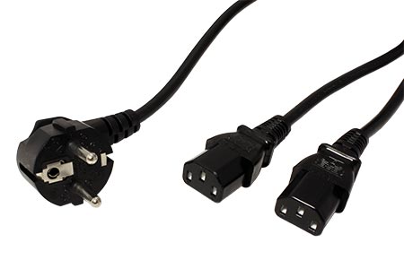 Rozdvojka síťového kabelu, CEE 7/7(M) - 2x IEC320 C13, 2m, černá