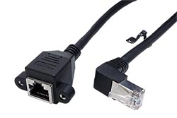 S/FTP patchkabel prodlužovací kat. 6a, RJ45M lomený - RJ45 F do panelu, 0,5m, černý